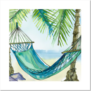 Tropical Beach Hammock Watercolor Posters and Art